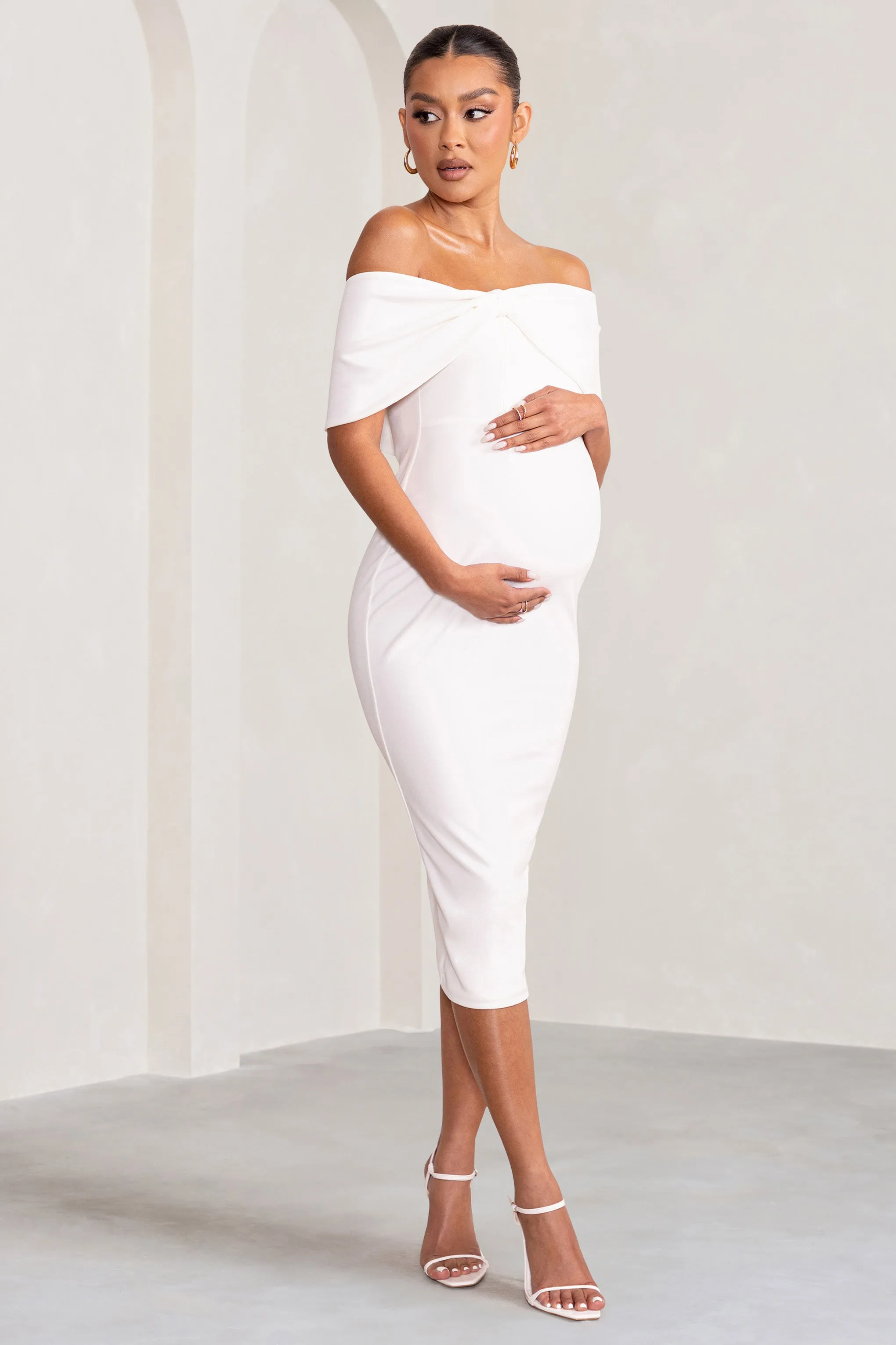 Alyssa | White Bardot Bow Maternity Midi Dress with Ruching