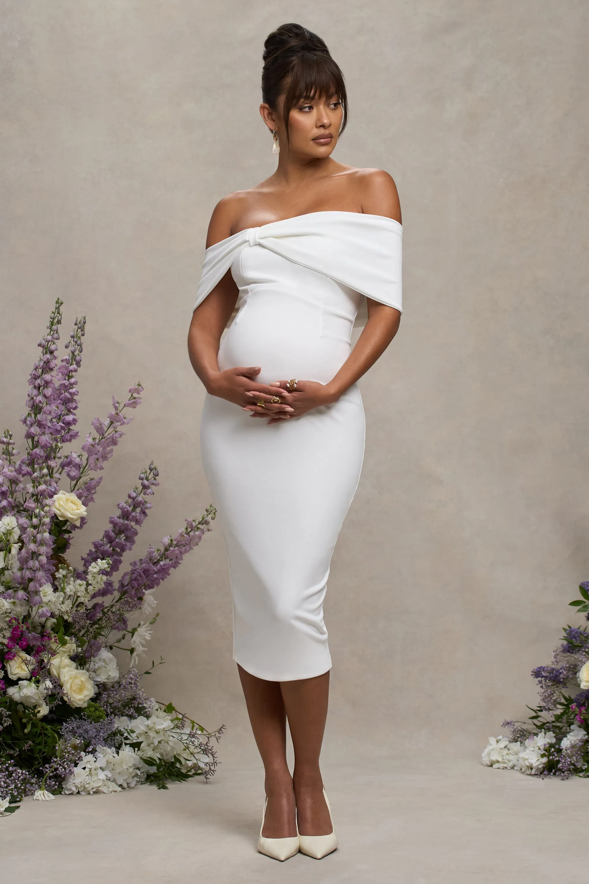 Alyssa | White Bardot Bow Maternity Midi Dress with Ruching