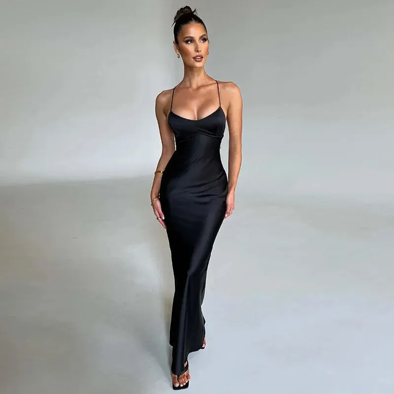 Amozae-A Satin Backless Maxi Dress For Women 2022 Autumn New Spaghetti Strap Sleeveless Bodycon Long Dress Vestido Clubwear