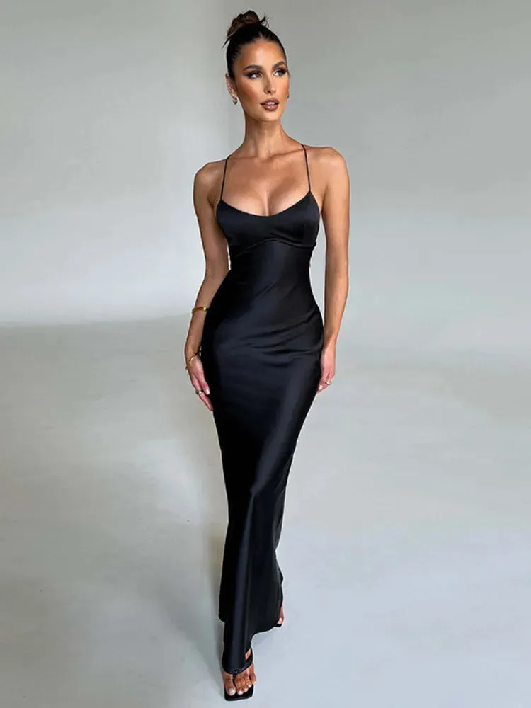 Amozae-A Satin Backless Maxi Dress For Women 2022 Autumn New Spaghetti Strap Sleeveless Bodycon Long Dress Vestido Clubwear