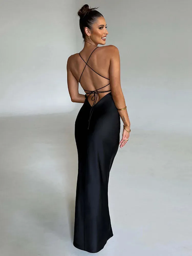 Amozae-A Satin Backless Maxi Dress For Women 2022 Autumn New Spaghetti Strap Sleeveless Bodycon Long Dress Vestido Clubwear