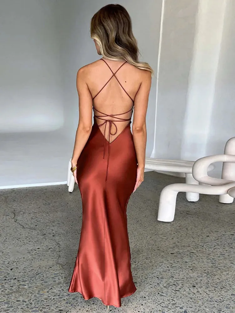 Amozae-A Satin Backless Maxi Dress For Women 2022 Autumn New Spaghetti Strap Sleeveless Bodycon Long Dress Vestido Clubwear