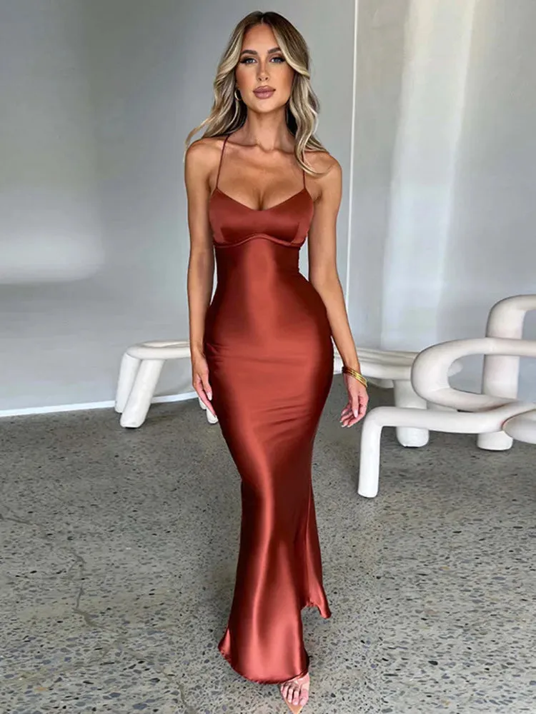 Amozae-A Satin Backless Maxi Dress For Women 2022 Autumn New Spaghetti Strap Sleeveless Bodycon Long Dress Vestido Clubwear