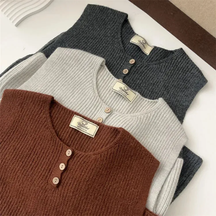 Amozae-Autumn Casual Outfits Amozae-Round Neck Sleeveless Knit Sweater with Button Up Vest for Women, Layered Tops, Design Vest