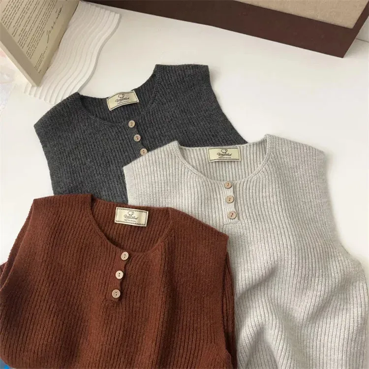 Amozae-Autumn Casual Outfits Amozae-Round Neck Sleeveless Knit Sweater with Button Up Vest for Women, Layered Tops, Design Vest