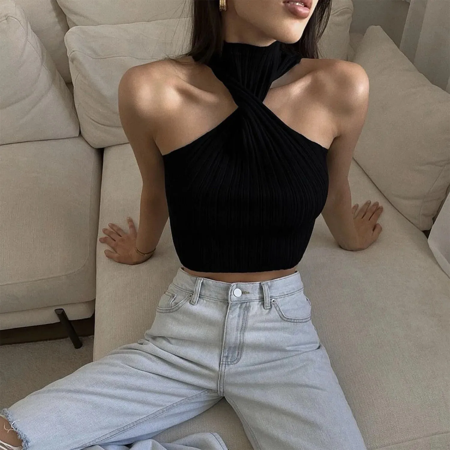 Amozae-Cross-Chest Off-shoulder Knitwear Vest Top For Women Summer Hot Girl Slim Sleeveless Twist Navel Short Top Y2K Pullover