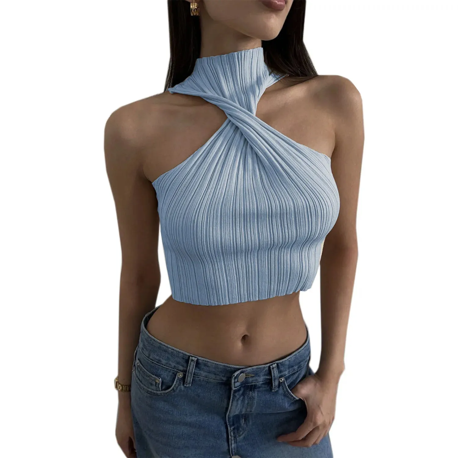 Amozae-Cross-Chest Off-shoulder Knitwear Vest Top For Women Summer Hot Girl Slim Sleeveless Twist Navel Short Top Y2K Pullover