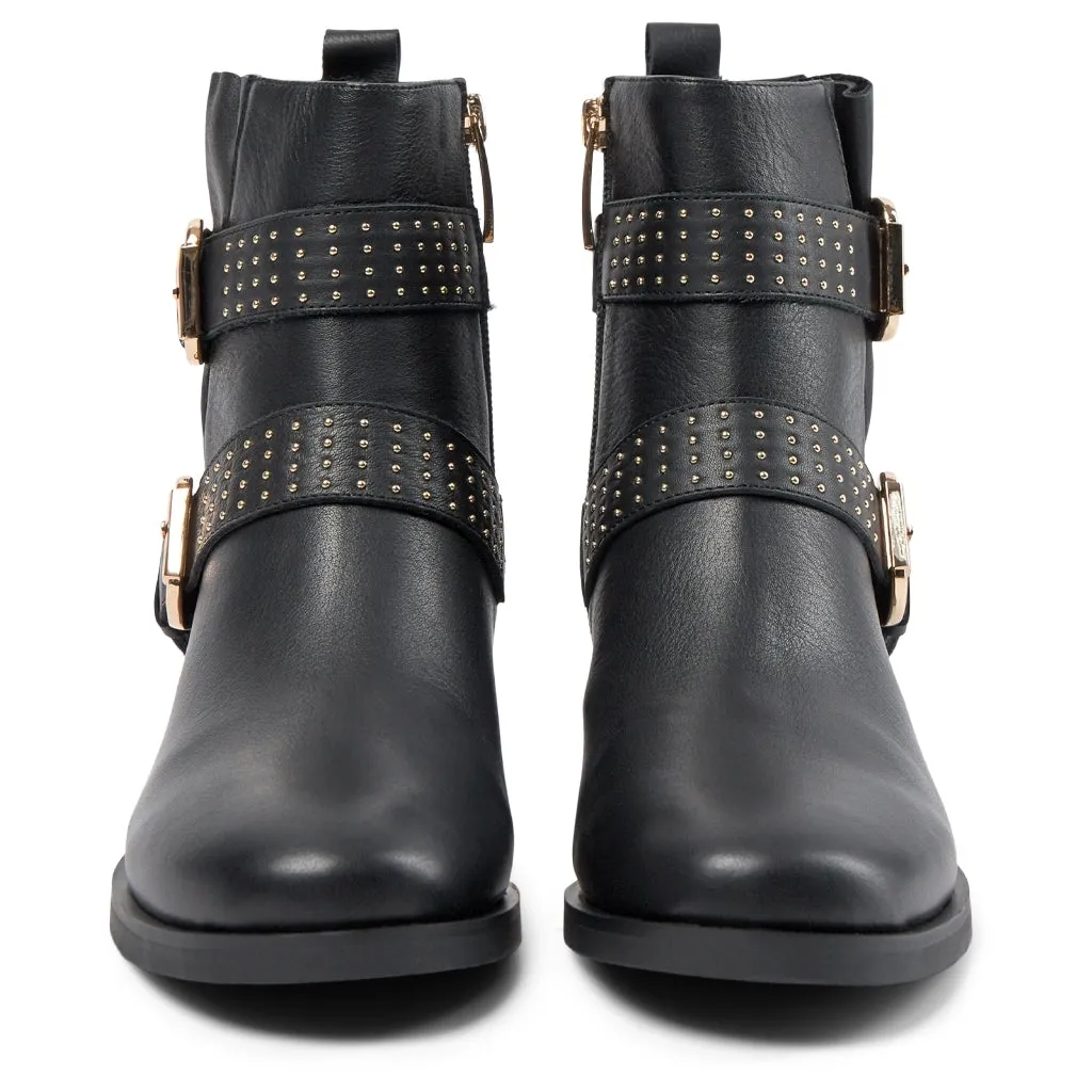 Amy Buckles Leather Boot - BLACK