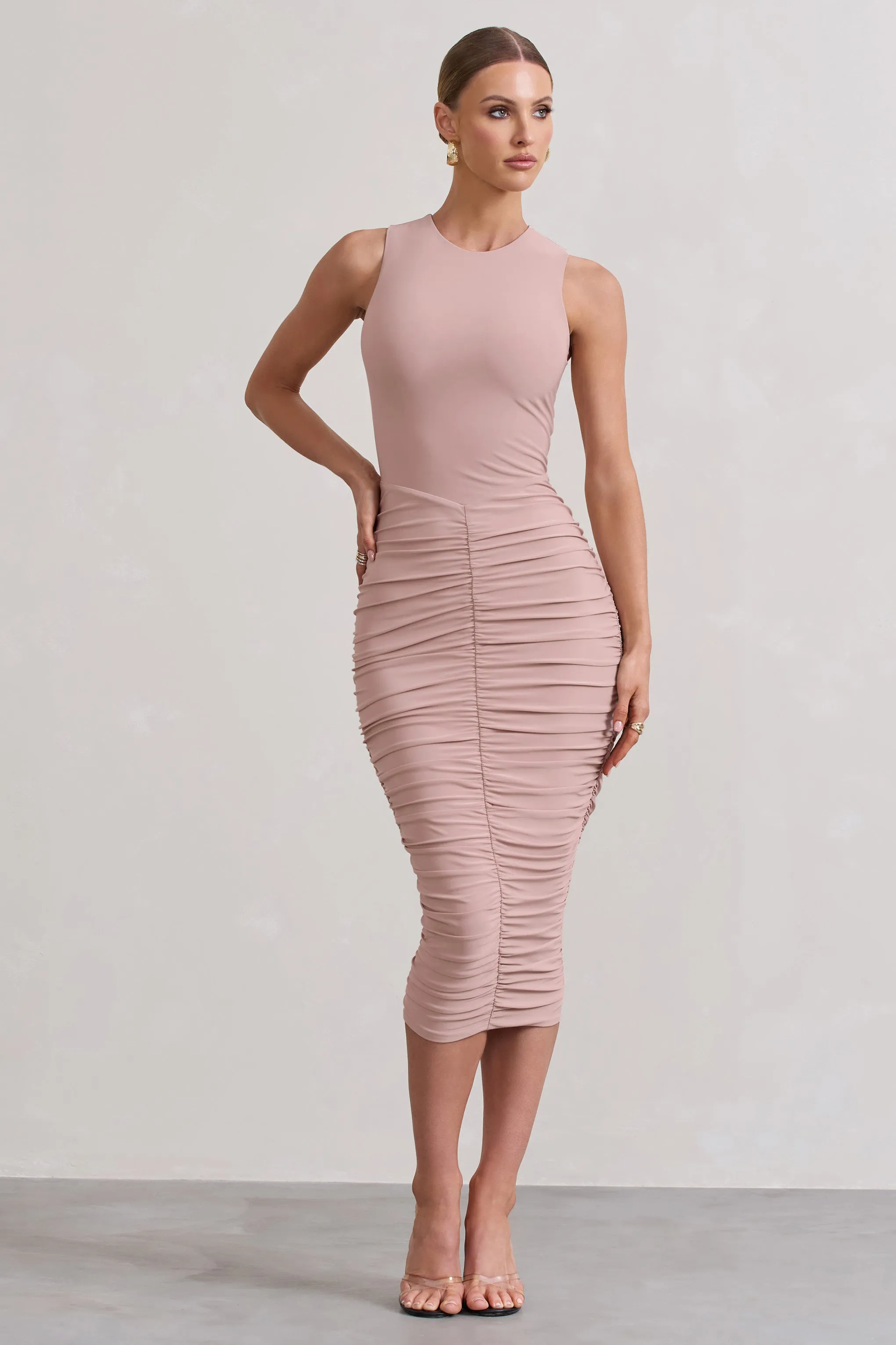 Antonia | Champagne Sleeveless Ruched Bodycon Midi Dress