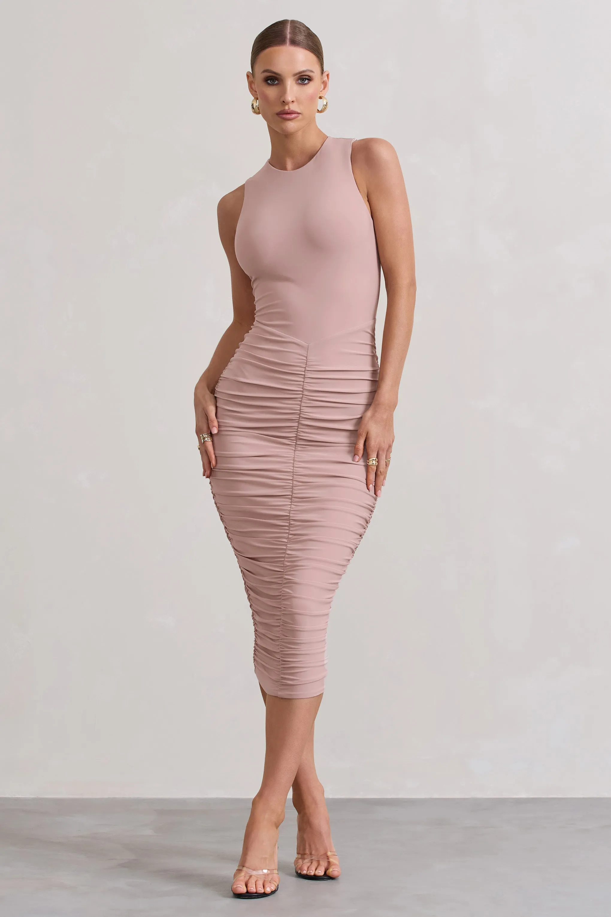 Antonia | Champagne Sleeveless Ruched Bodycon Midi Dress