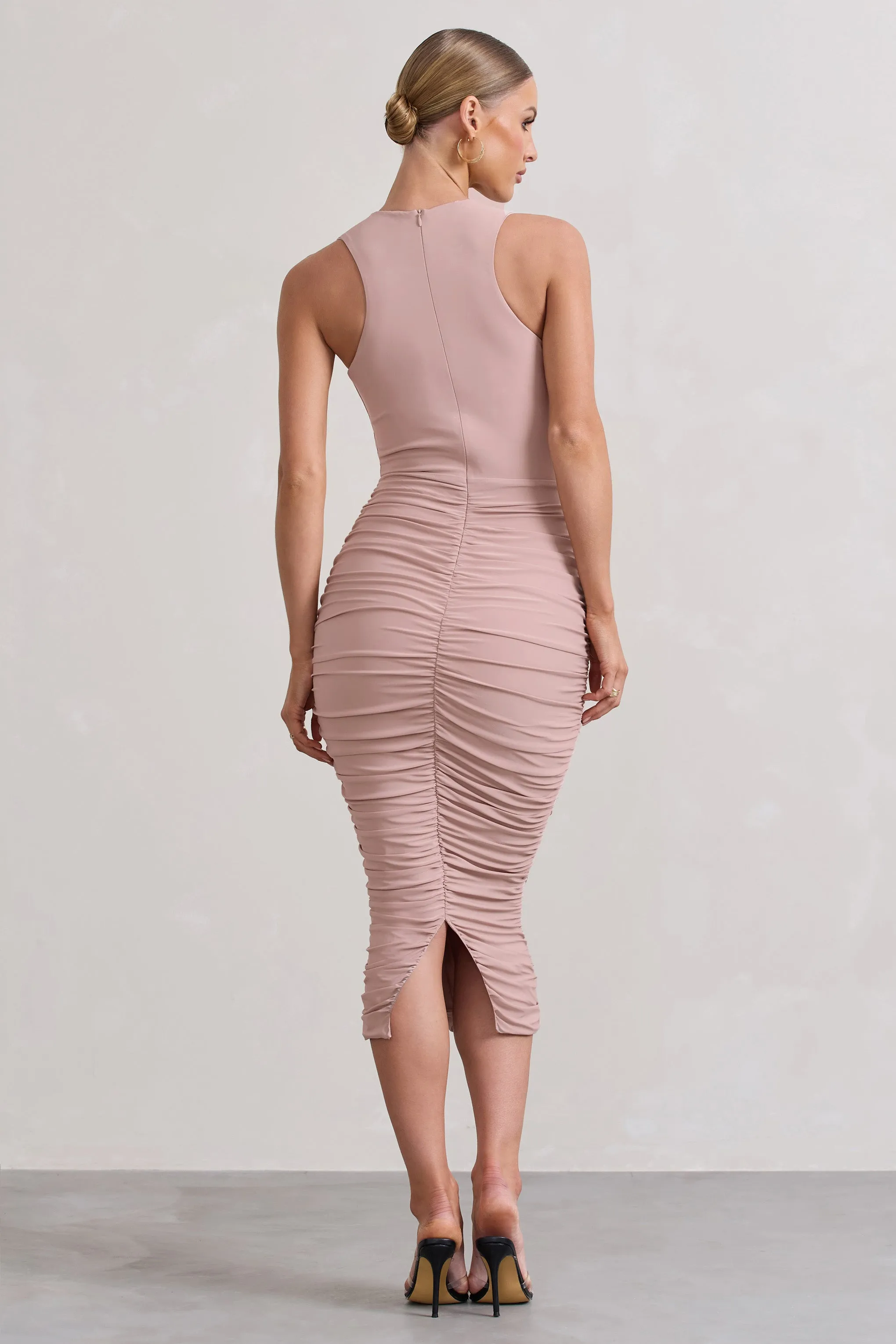 Antonia | Champagne Sleeveless Ruched Bodycon Midi Dress