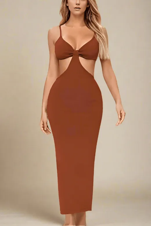 Aria Bodycon Day Maxi Dress - Tan Brown