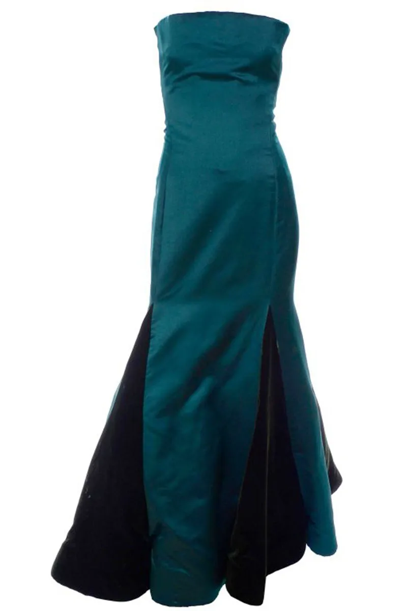 Arnold Scaasi Strapless Green Evening Gown W/ Velvet Panel Trumpet Skirt