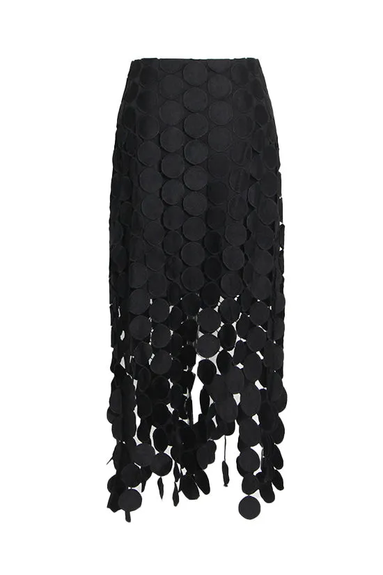 Asymmetric High Waist Laser Cut Out Circle Guipure Lace Fringe Midi Skirt