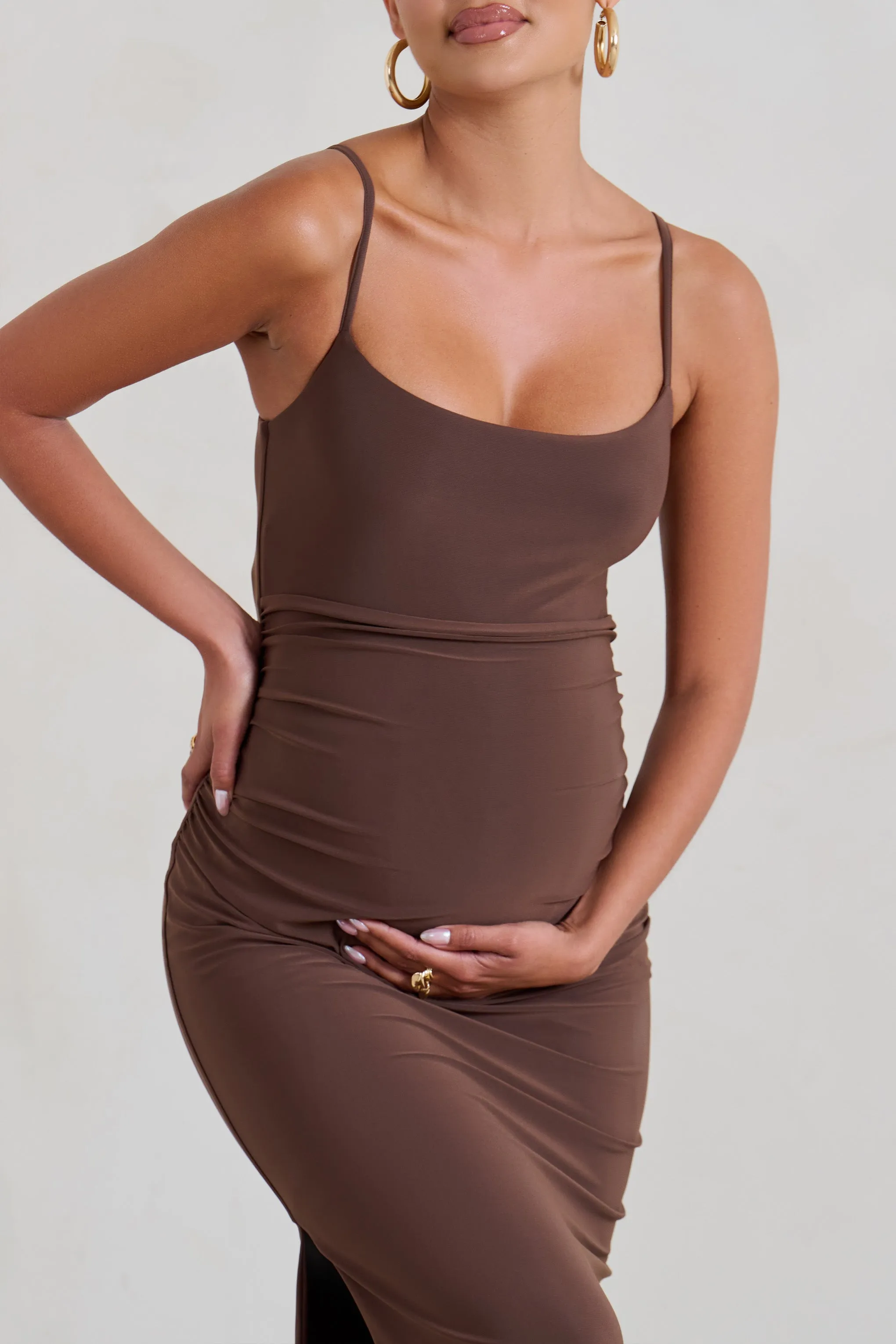 Aurelia | Brown Maternity Cami Maxi Dress With Split