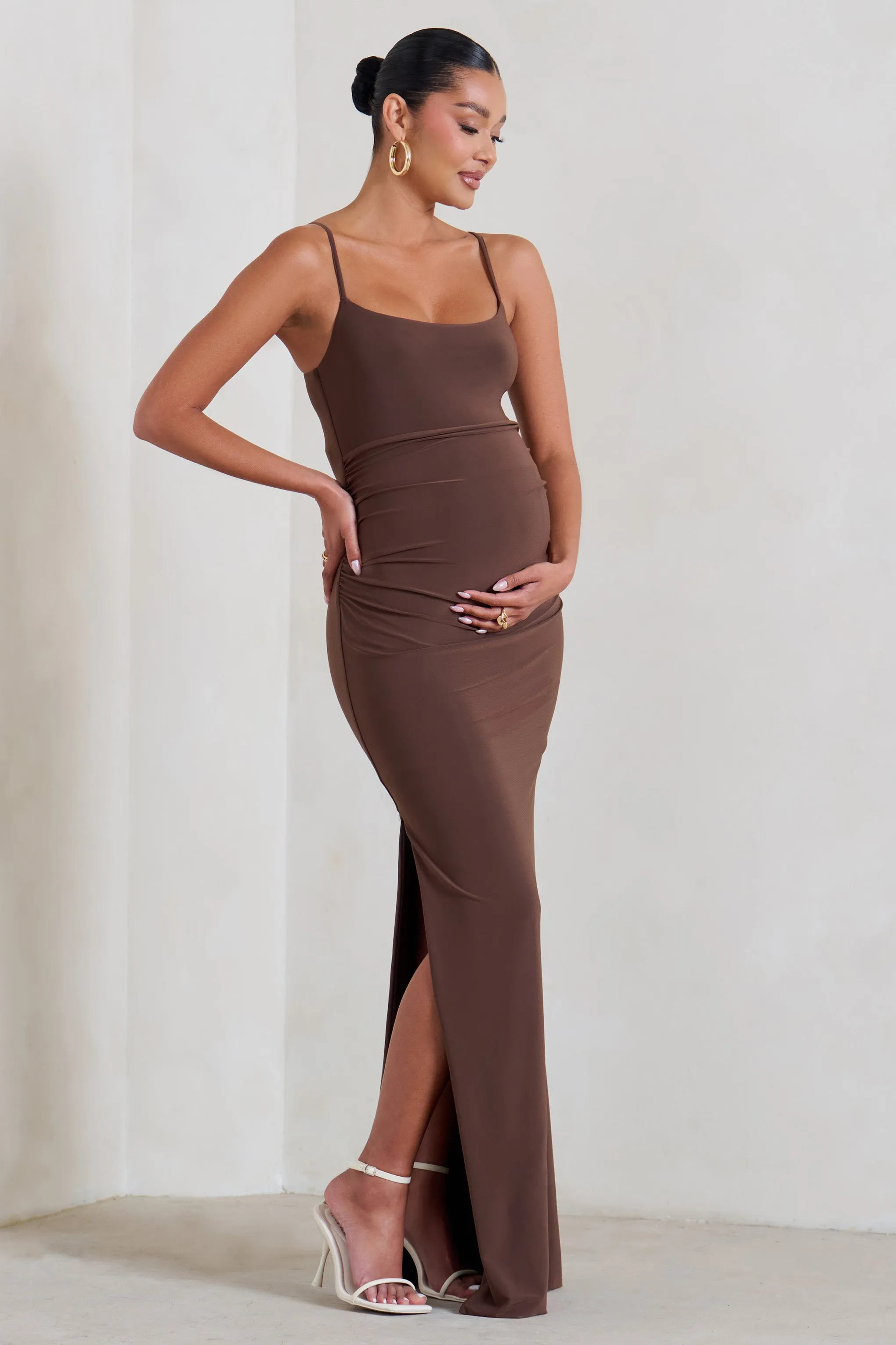 Aurelia | Brown Maternity Cami Maxi Dress With Split