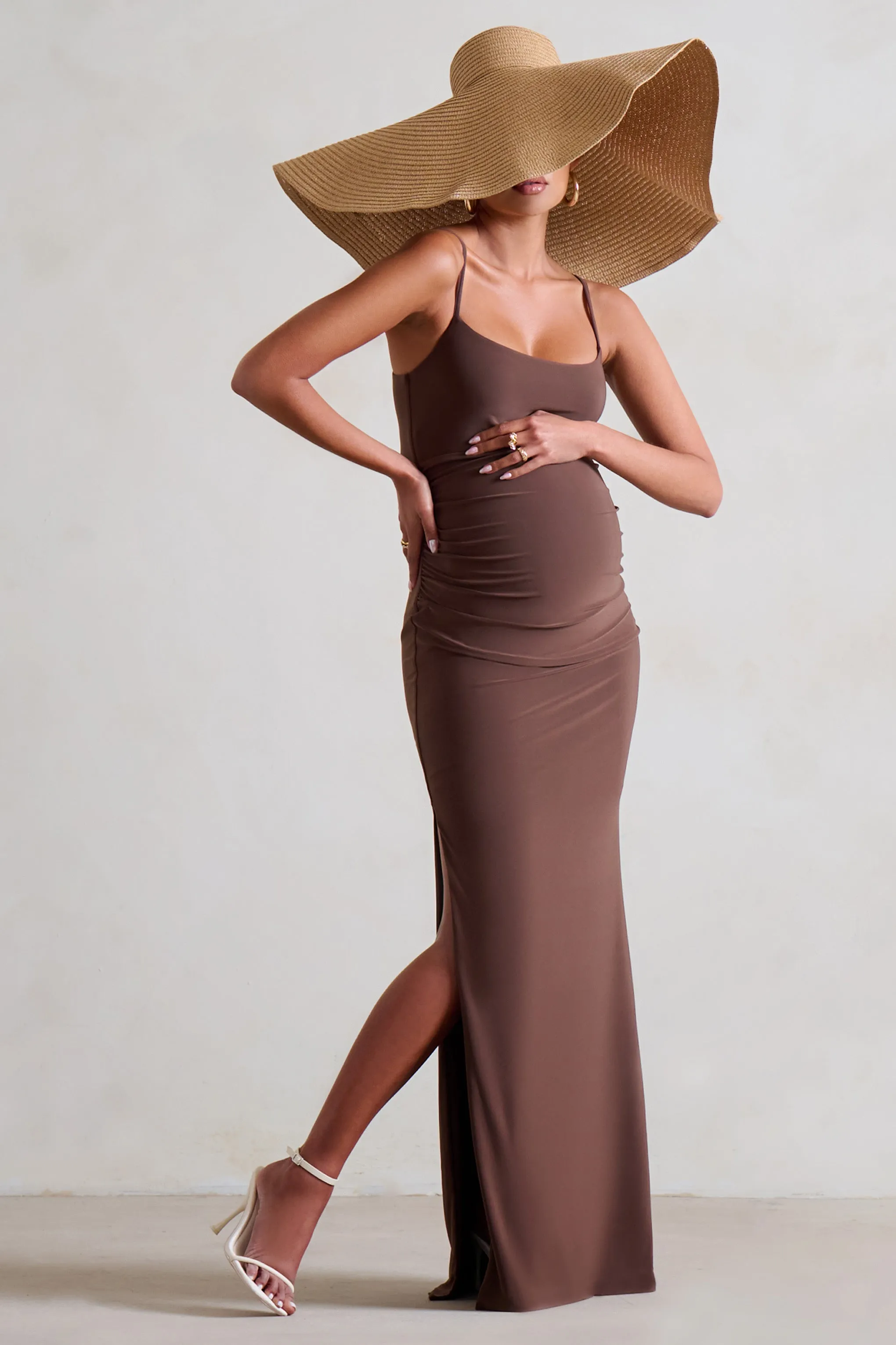 Aurelia | Brown Maternity Cami Maxi Dress With Split