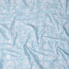 Baby blue cotton voile fabric with white print in floral design-D14831