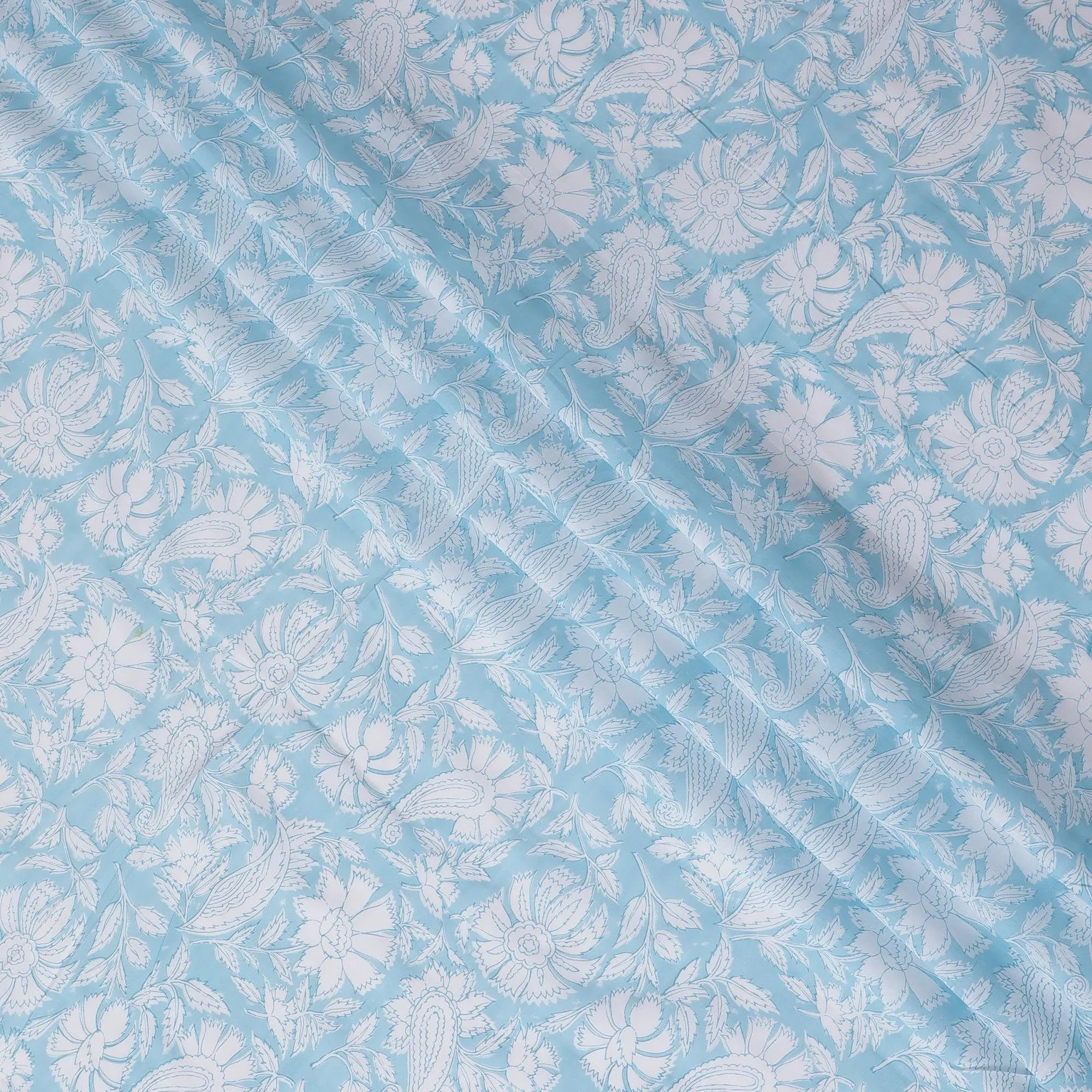 Baby blue cotton voile fabric with white print in floral design-D14831