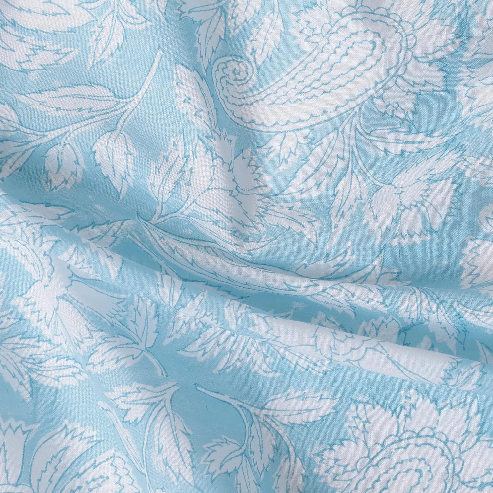 Baby blue cotton voile fabric with white print in floral design-D14831