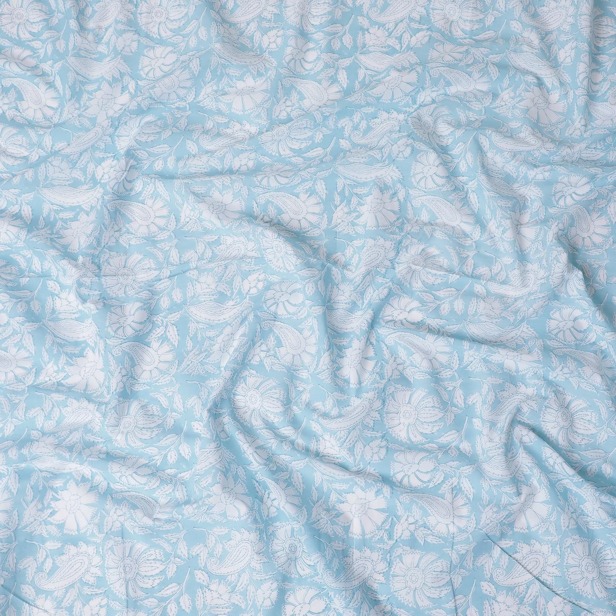 Baby blue cotton voile fabric with white print in floral design-D14831