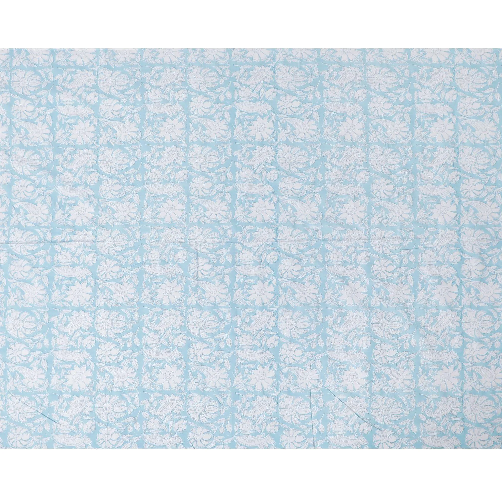 Baby blue cotton voile fabric with white print in floral design-D14831