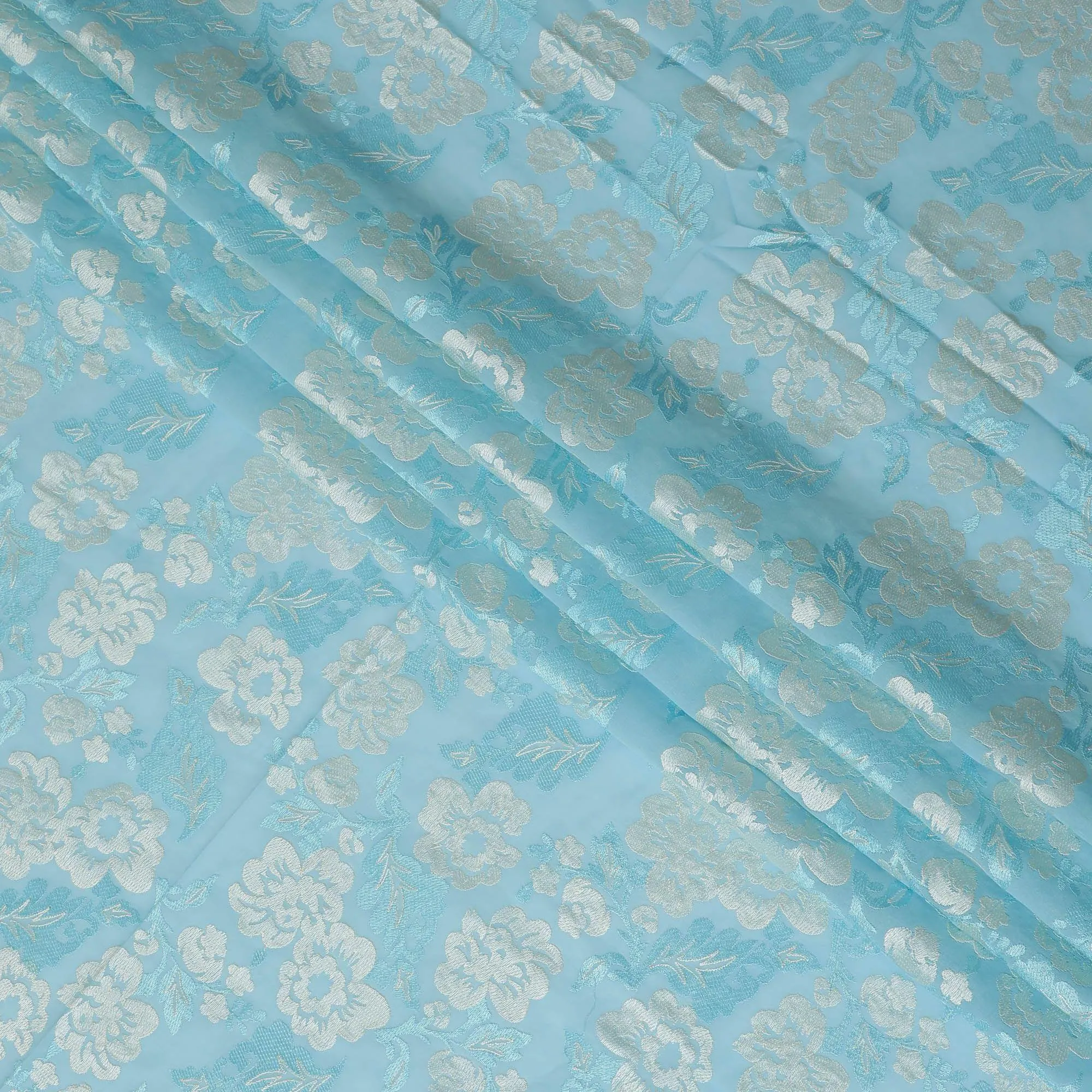 Baby blue premium pure cotton voile fabric with same tone and beige embroidery in floral design-D13638