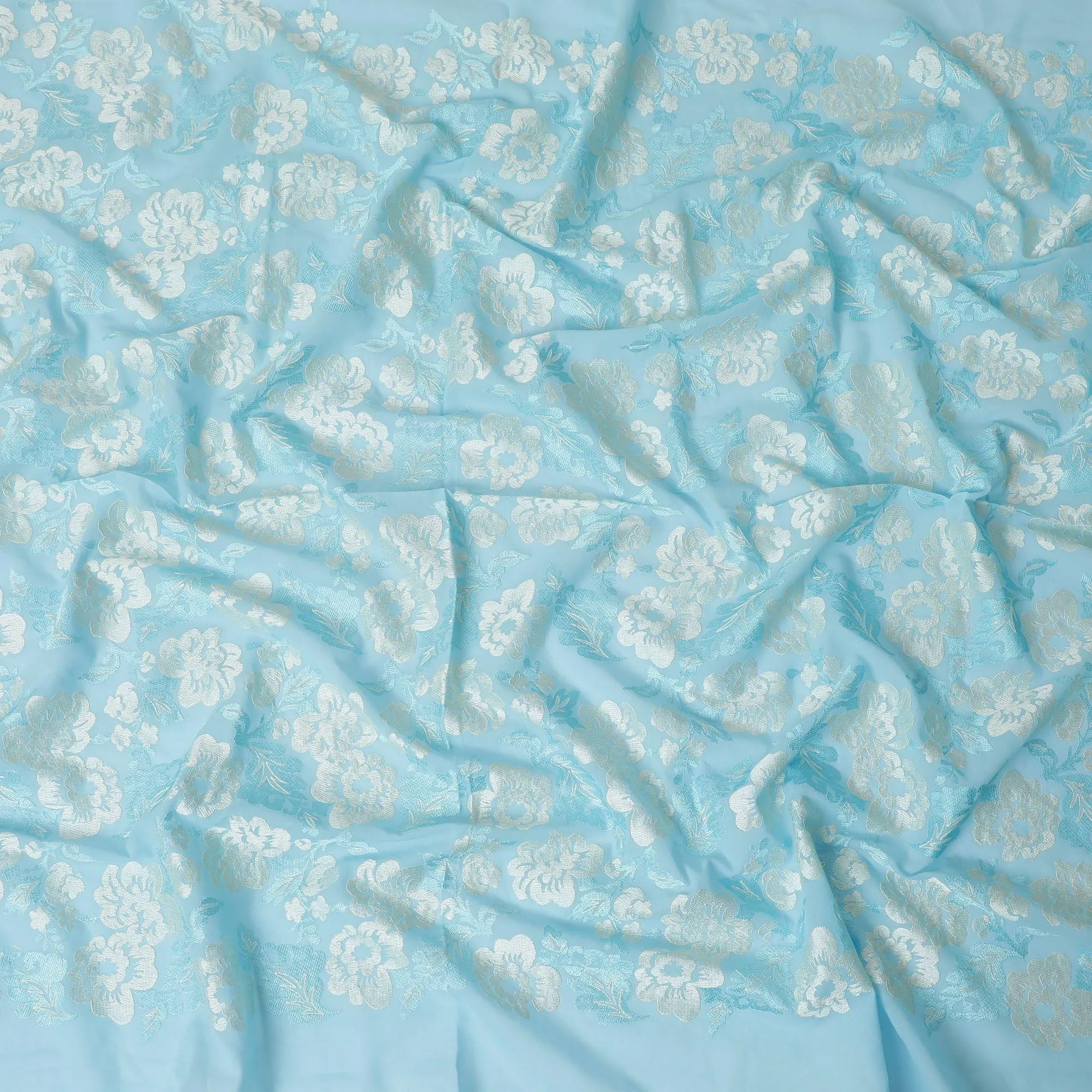 Baby blue premium pure cotton voile fabric with same tone and beige embroidery in floral design-D13638