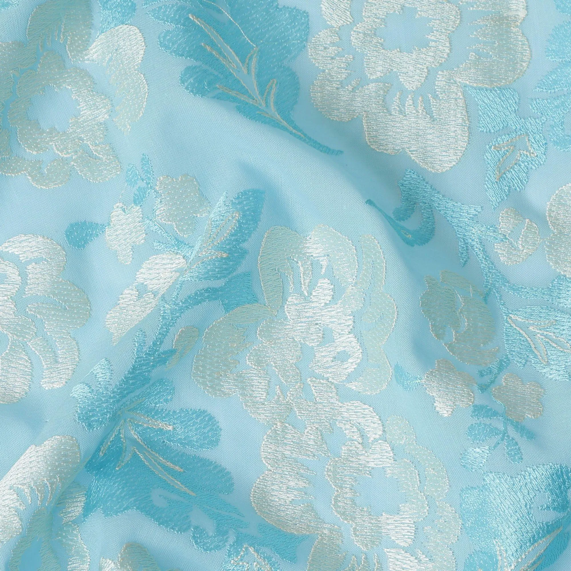 Baby blue premium pure cotton voile fabric with same tone and beige embroidery in floral design-D13638