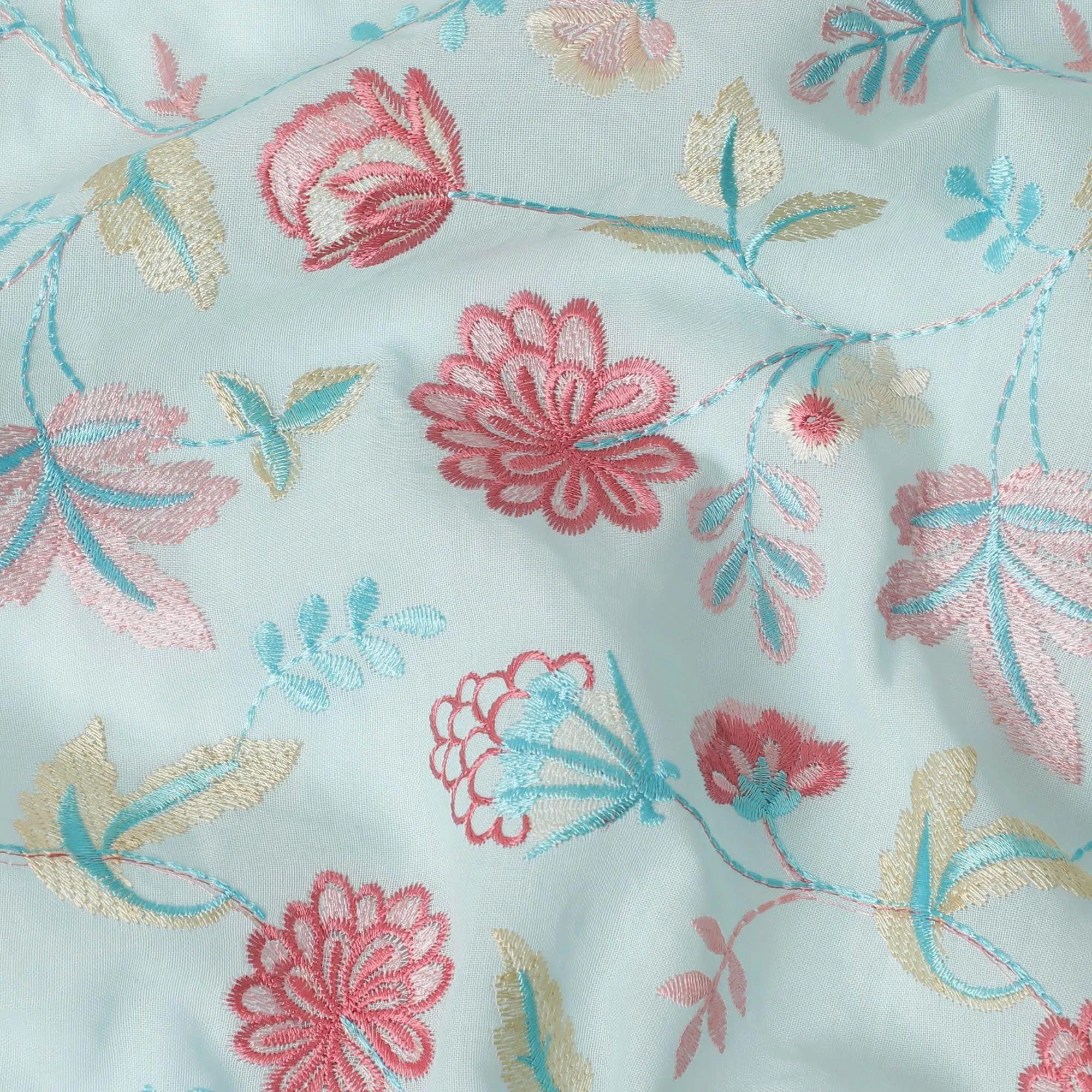 Baby blue premium pure cotton voile fabric with same tone, baby pink and beige embroidery in floral design-D13641