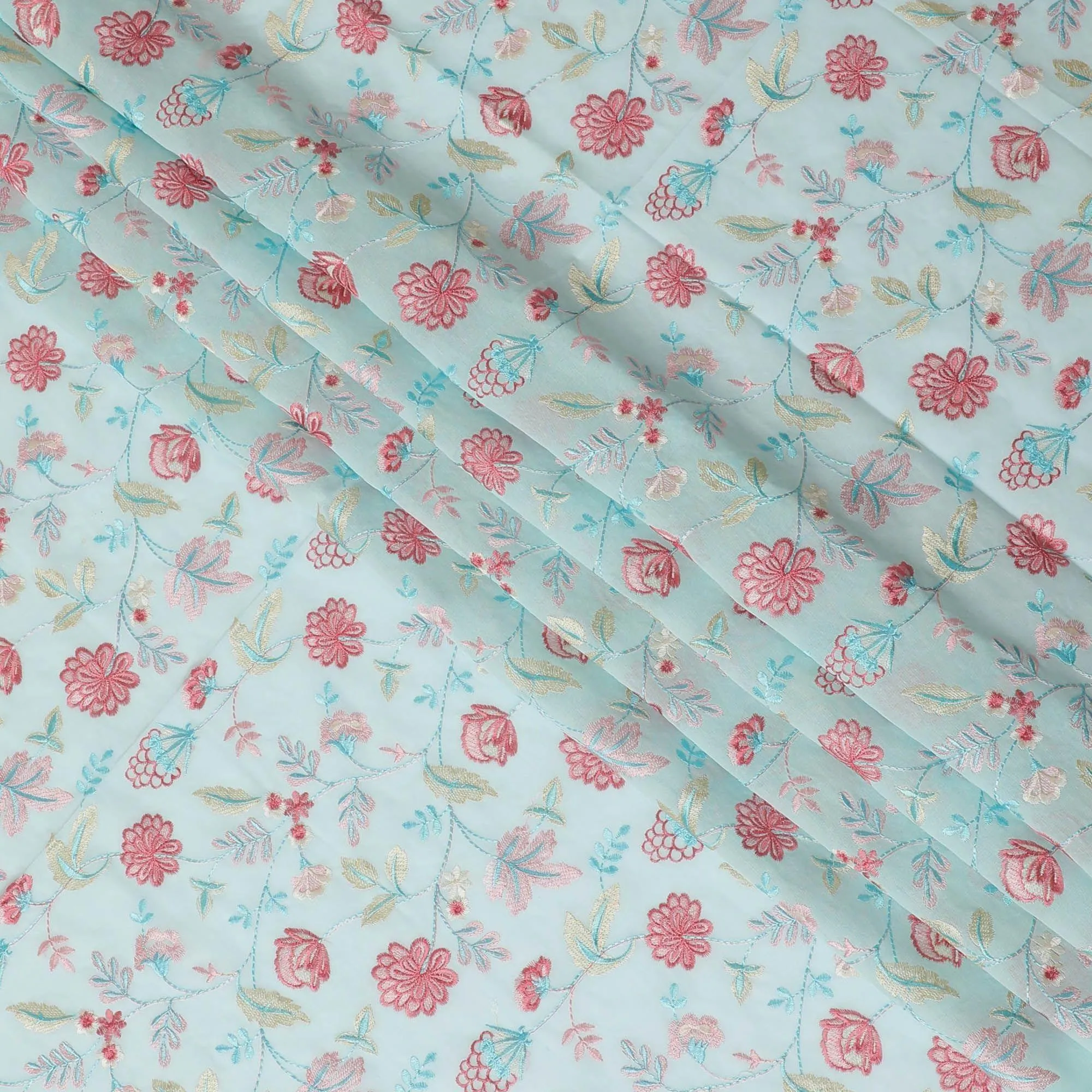 Baby blue premium pure cotton voile fabric with same tone, baby pink and beige embroidery in floral design-D13641