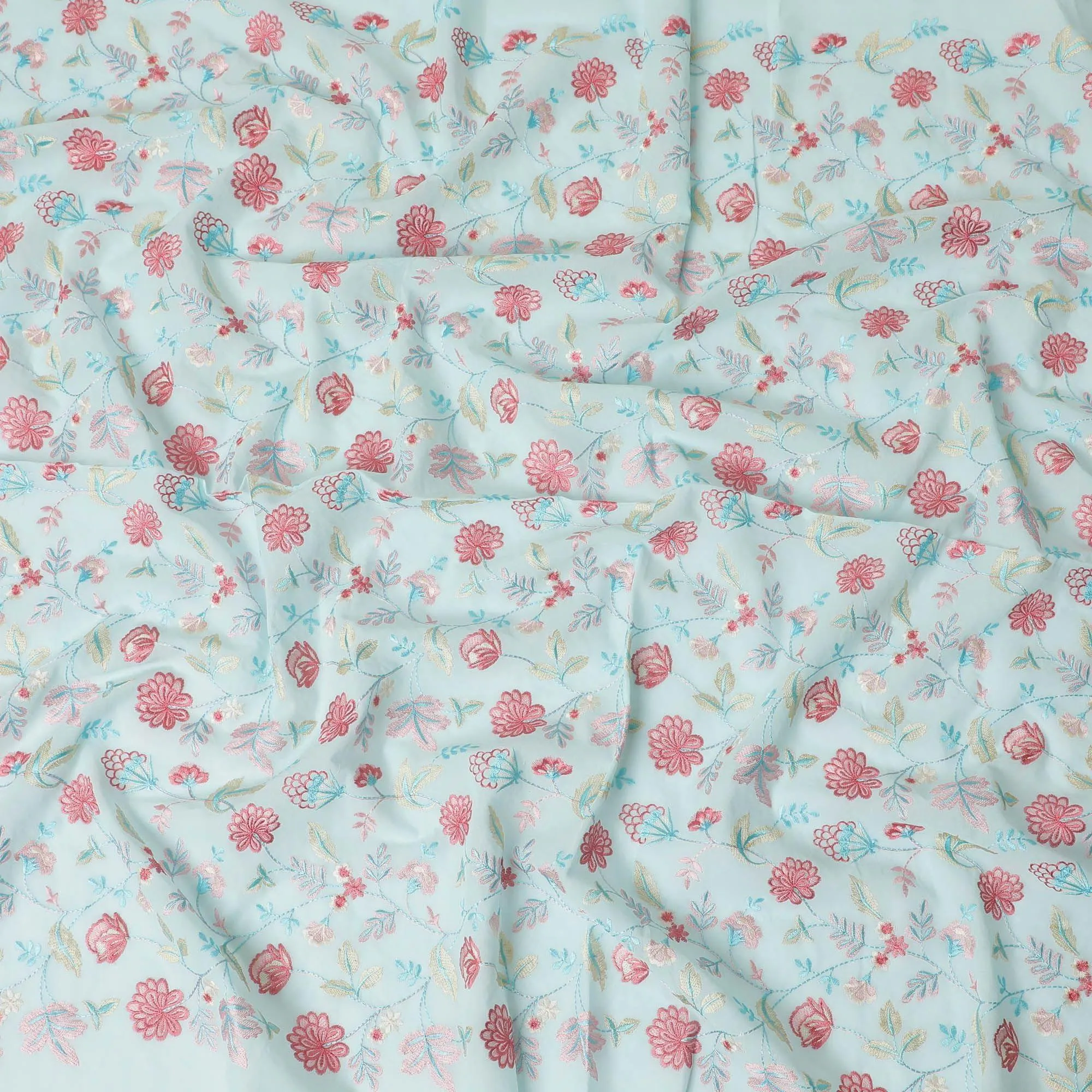 Baby blue premium pure cotton voile fabric with same tone, baby pink and beige embroidery in floral design-D13641