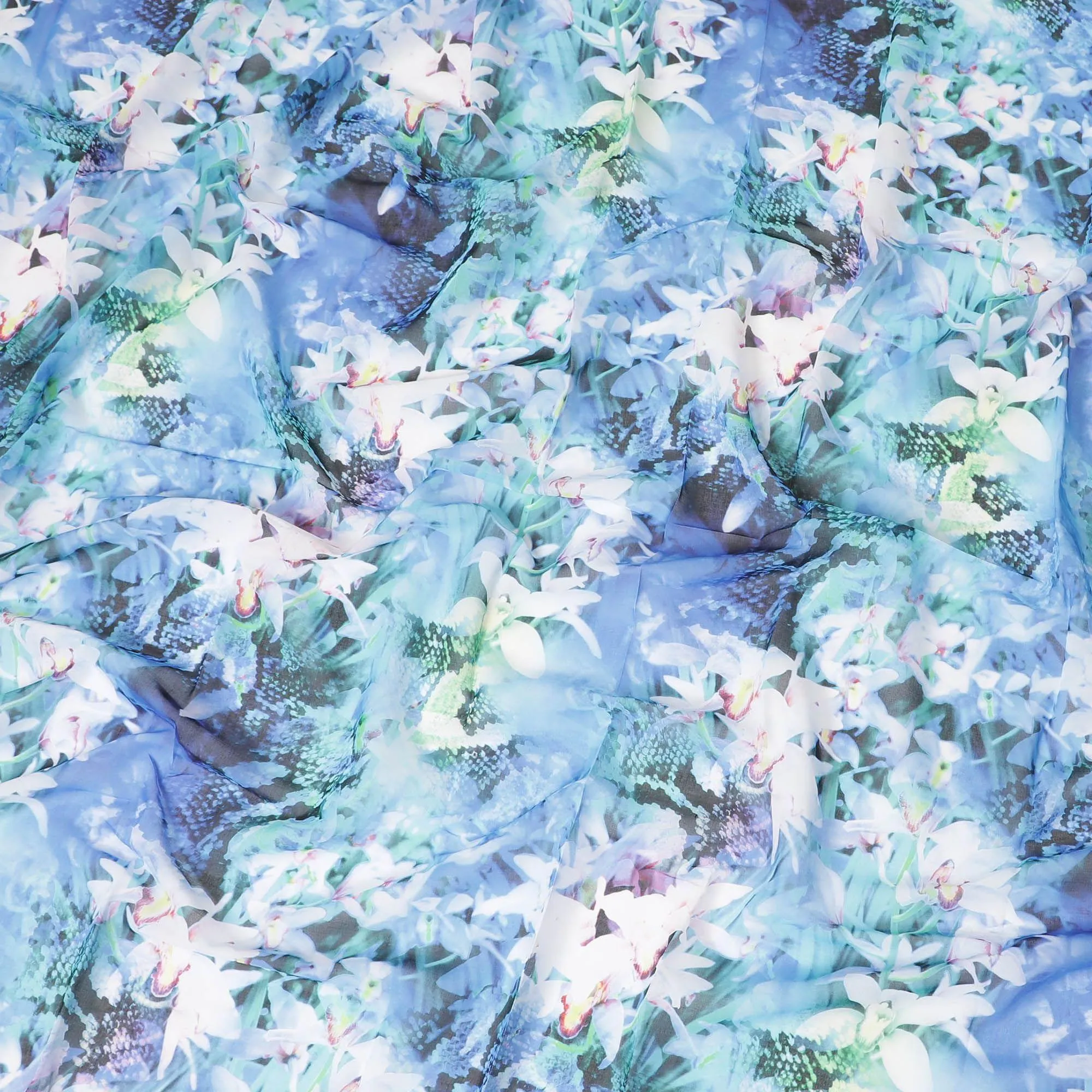 Baby blue Swiss 100% cotton voile fabric with off white, turquoise blue, bottle green and neon green print in floral design-D7215