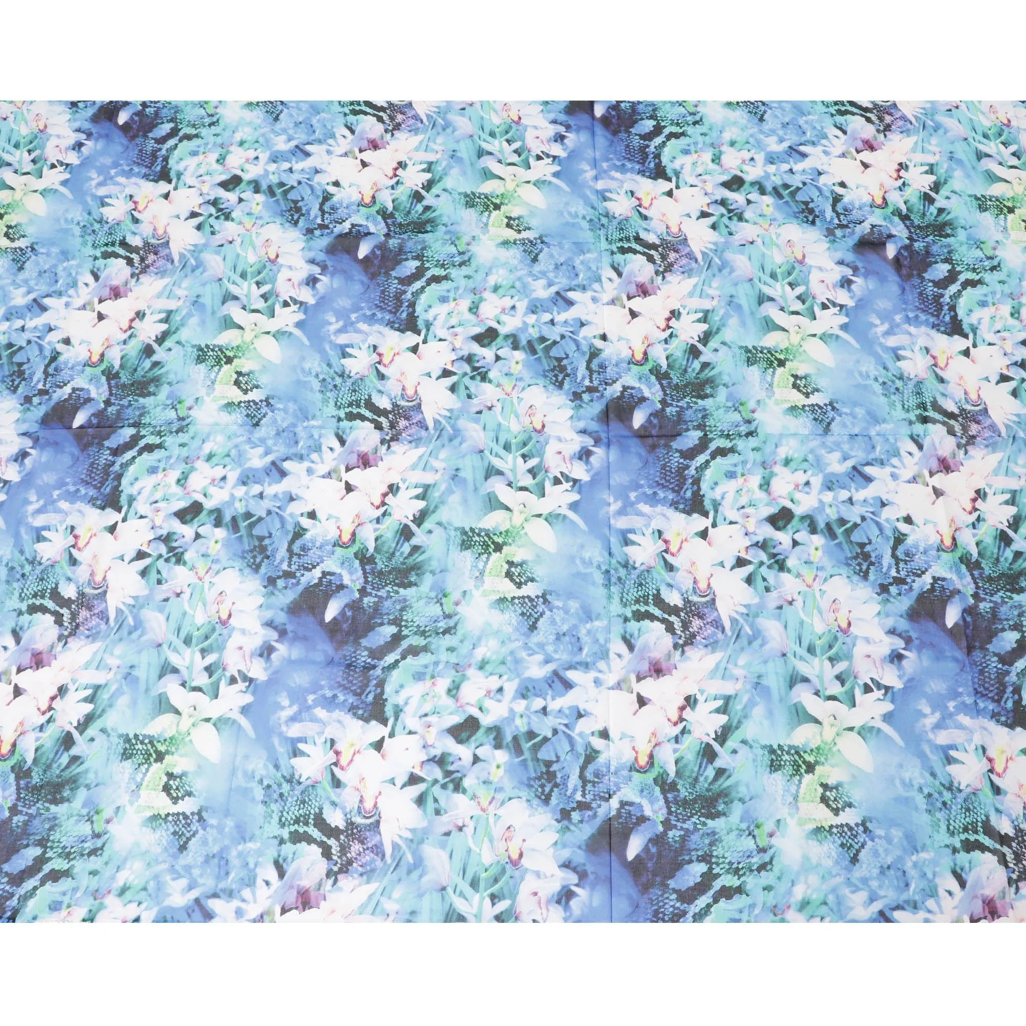 Baby blue Swiss 100% cotton voile fabric with off white, turquoise blue, bottle green and neon green print in floral design-D7215