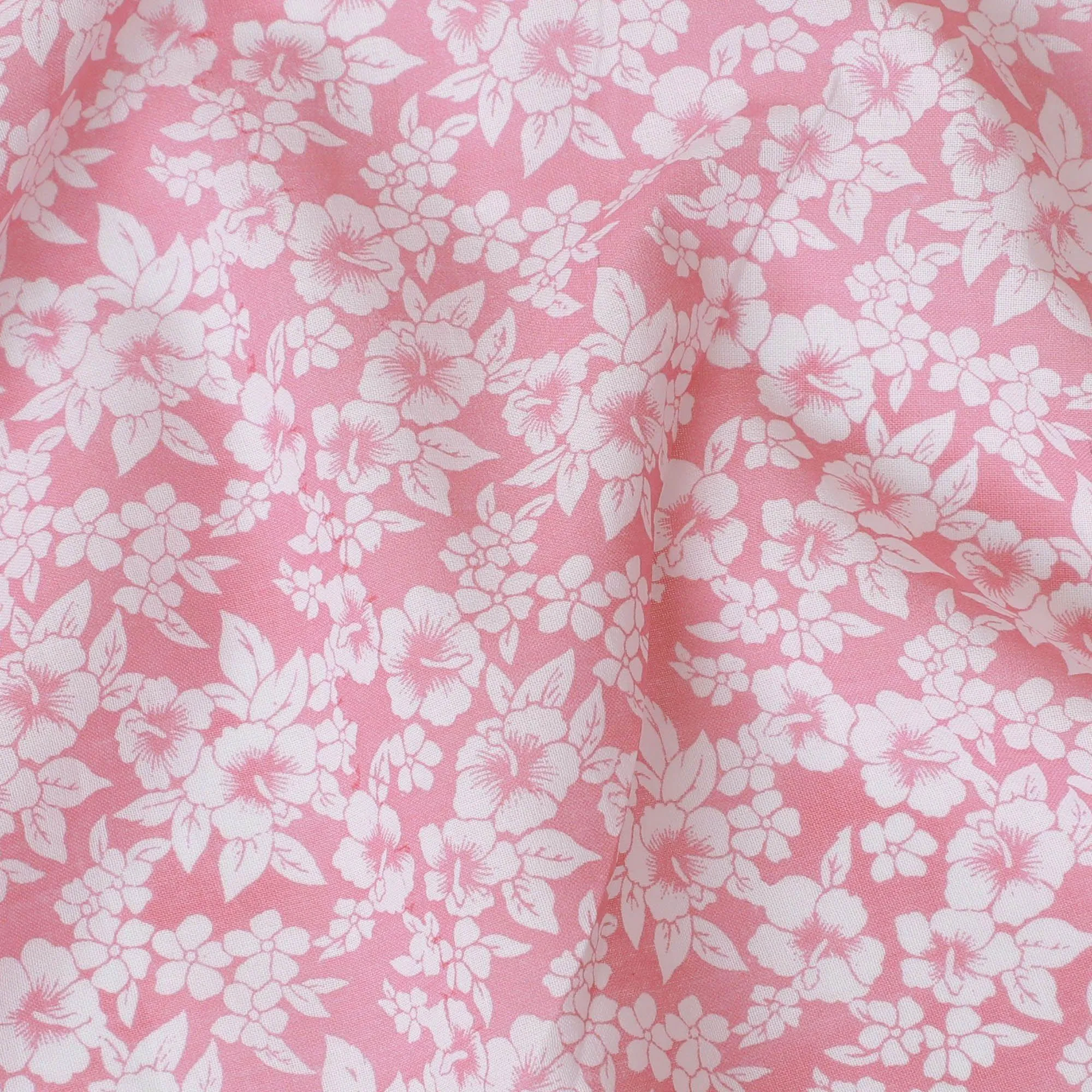 Baby pink cotton voile fabric with white print in floral design-D15055