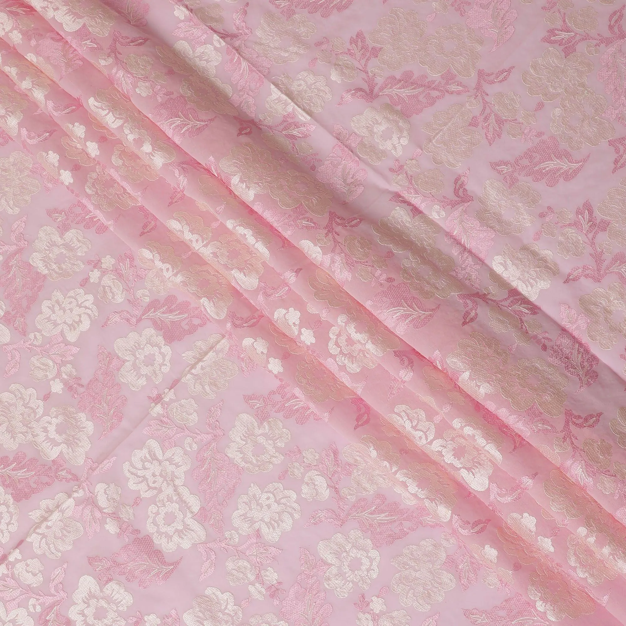 Baby pink premium pure cotton voile fabric with same tone and beige embroidery in floral design-D13643