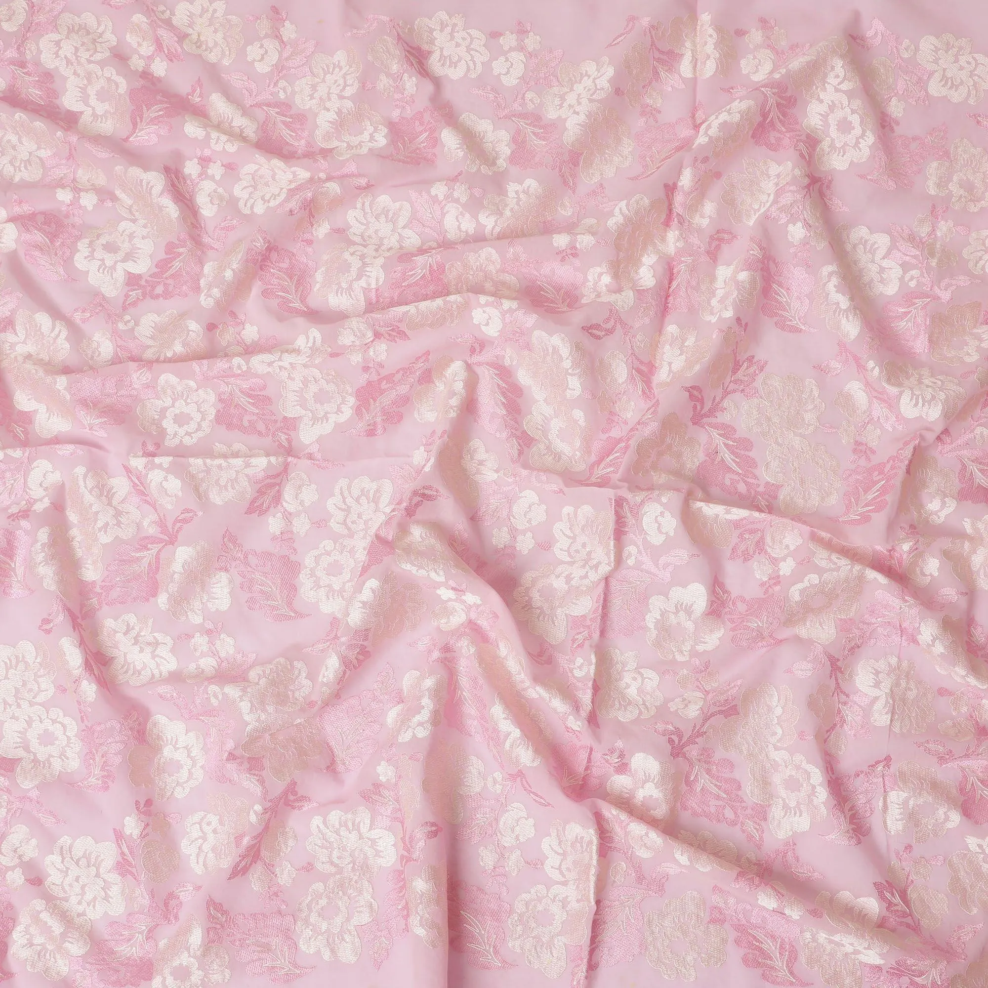 Baby pink premium pure cotton voile fabric with same tone and beige embroidery in floral design-D13643