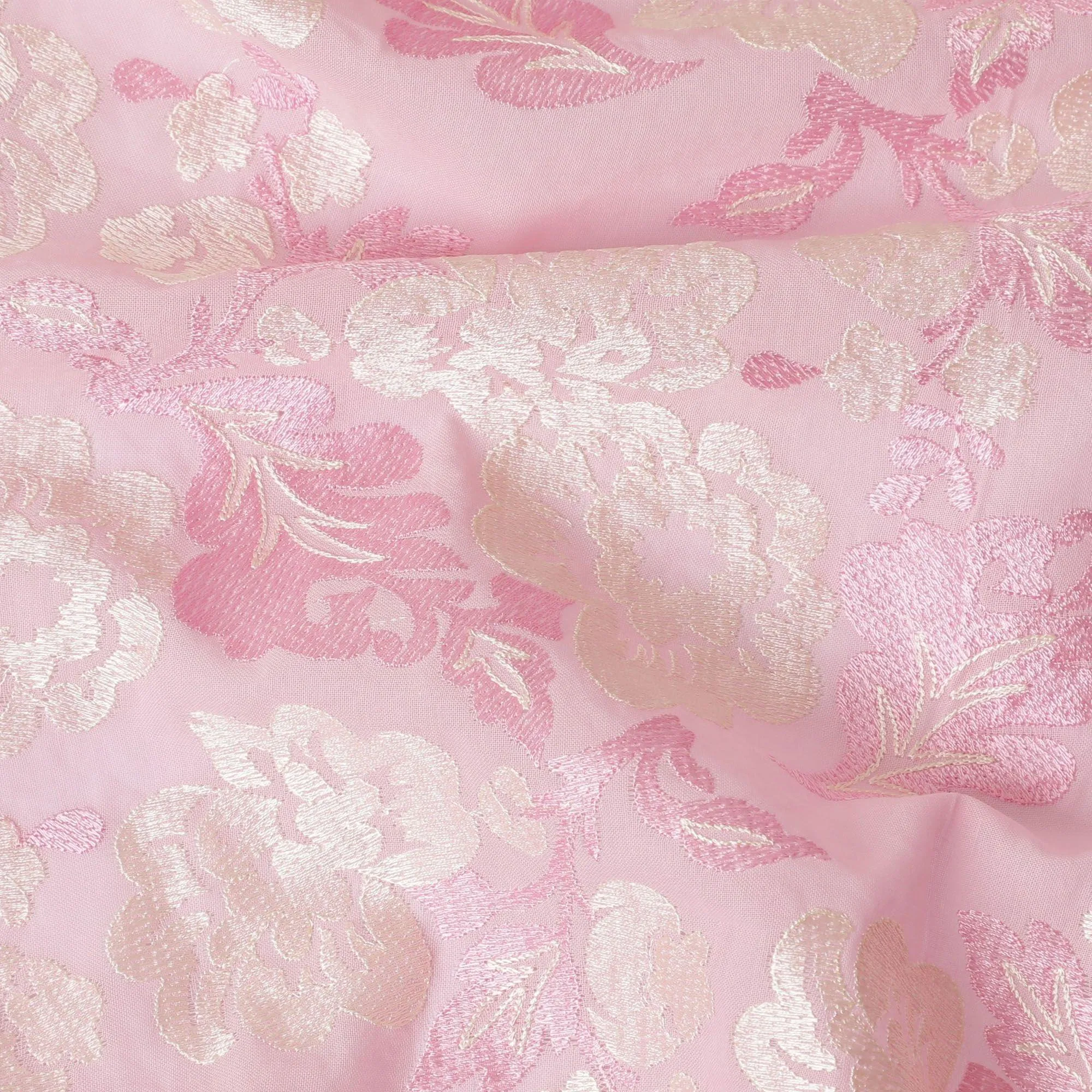 Baby pink premium pure cotton voile fabric with same tone and beige embroidery in floral design-D13643