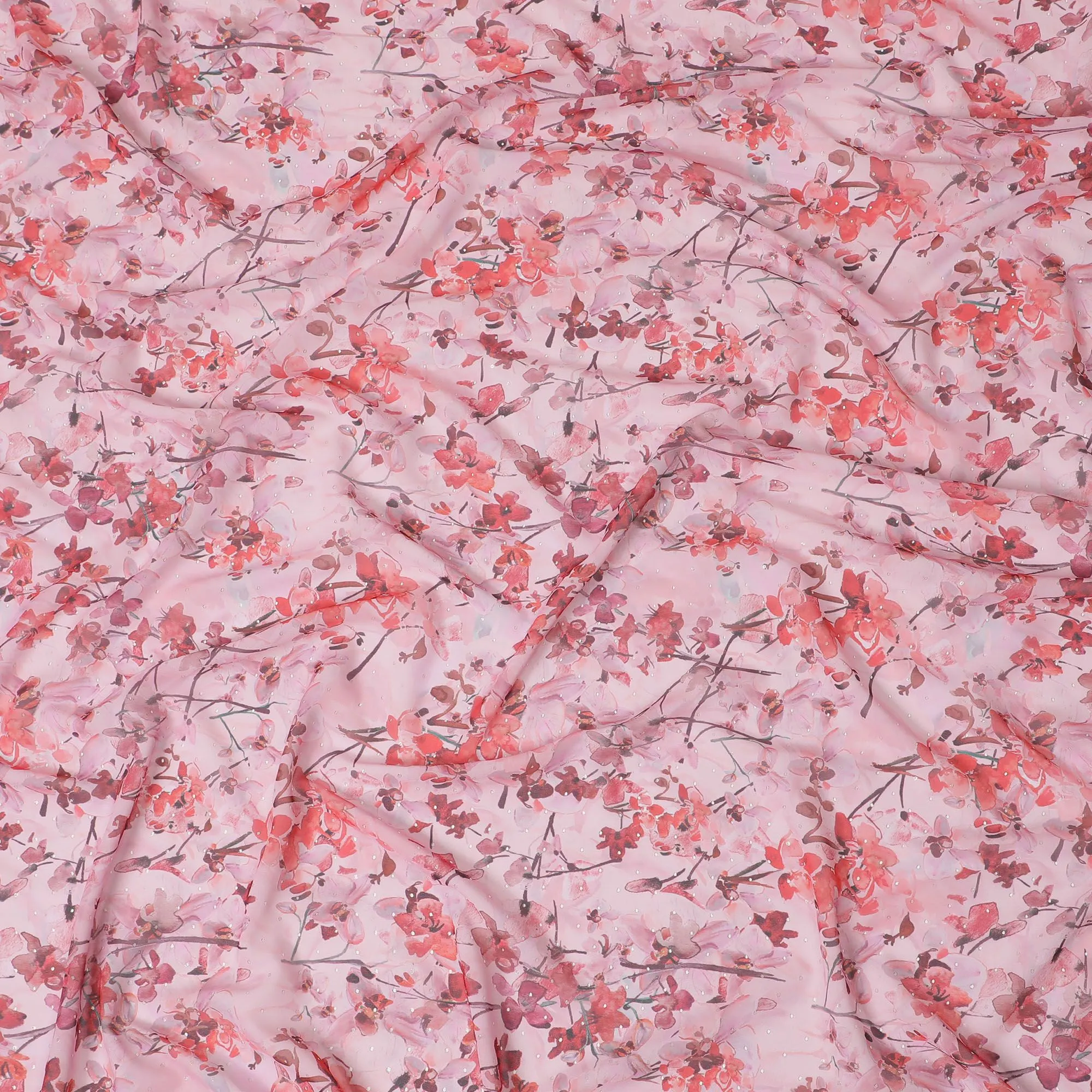 Baby pink synthetic georgette fabric with multicolor print in floral design-D16858