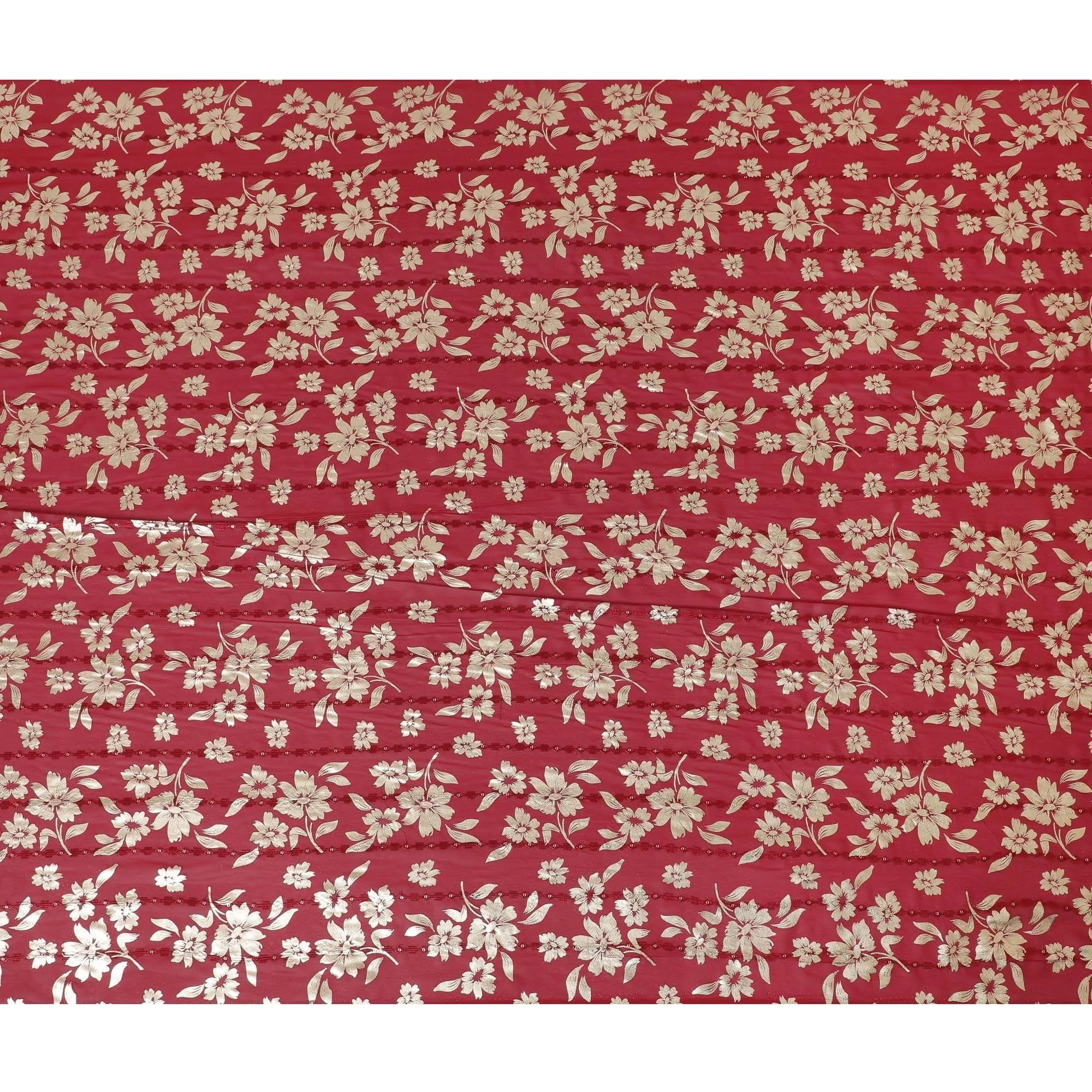 Barn red synthetic georgette fabric with same tone embroidery, gold sequins having gold foil print in floral design-D12230