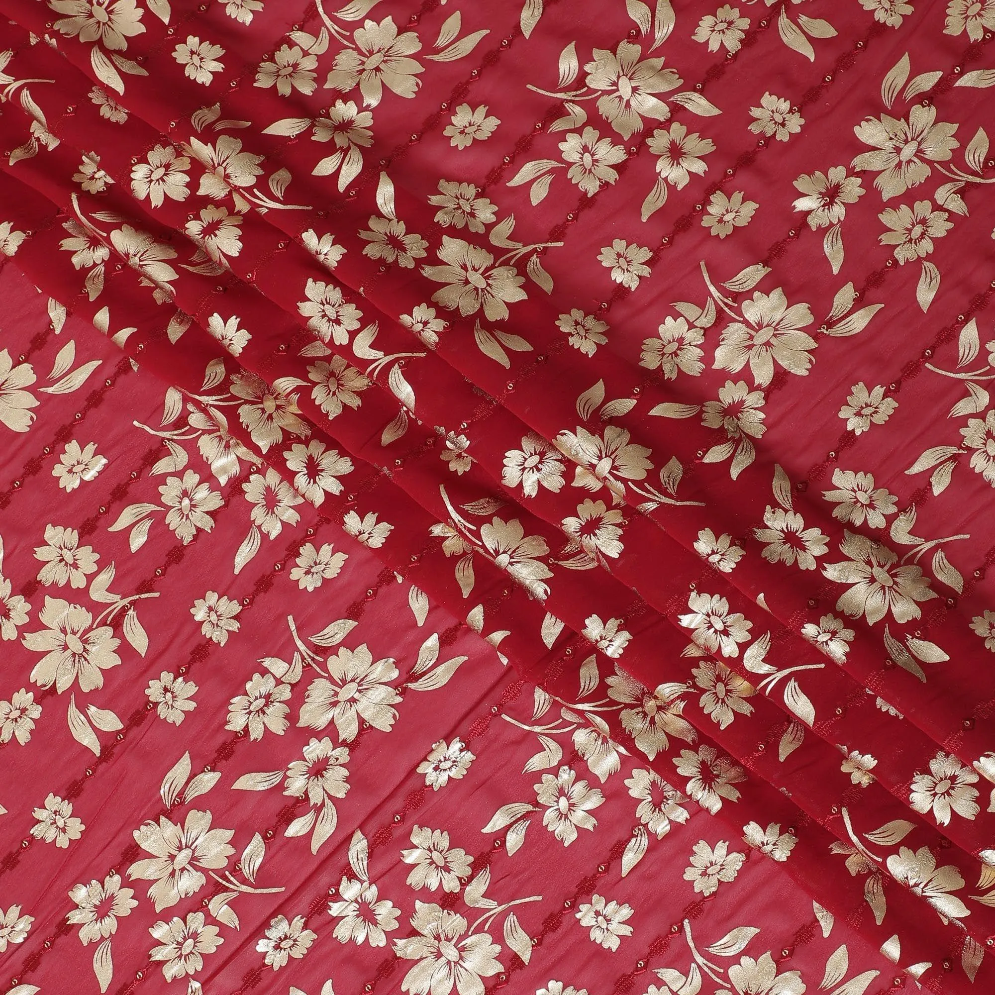 Barn red synthetic georgette fabric with same tone embroidery, gold sequins having gold foil print in floral design-D12230