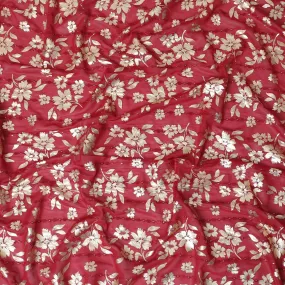 Barn red synthetic georgette fabric with same tone embroidery, gold sequins having gold foil print in floral design-D12230