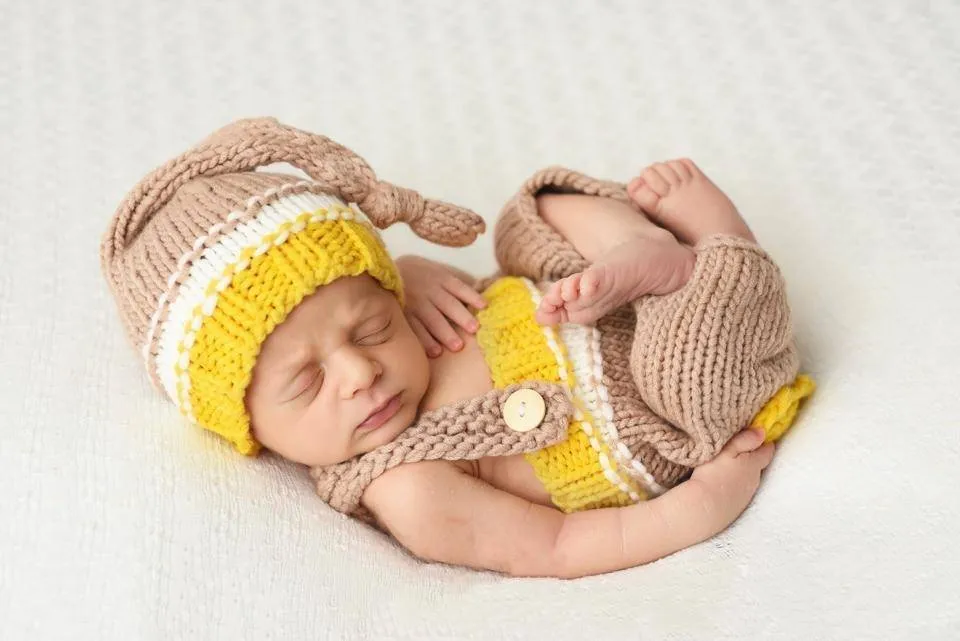 Beige Yellow White Newborn Knit Knot Hat and Overall Pants Set