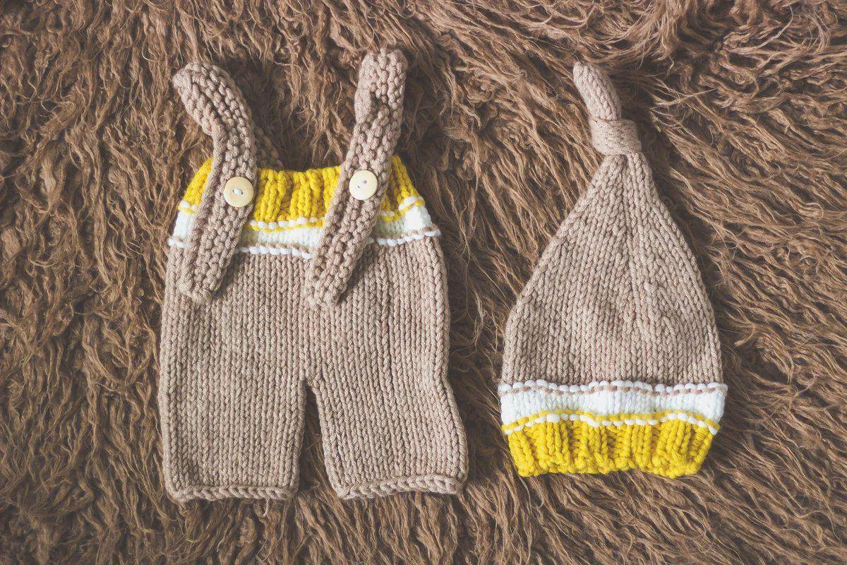 Beige Yellow White Newborn Knit Knot Hat and Overall Pants Set