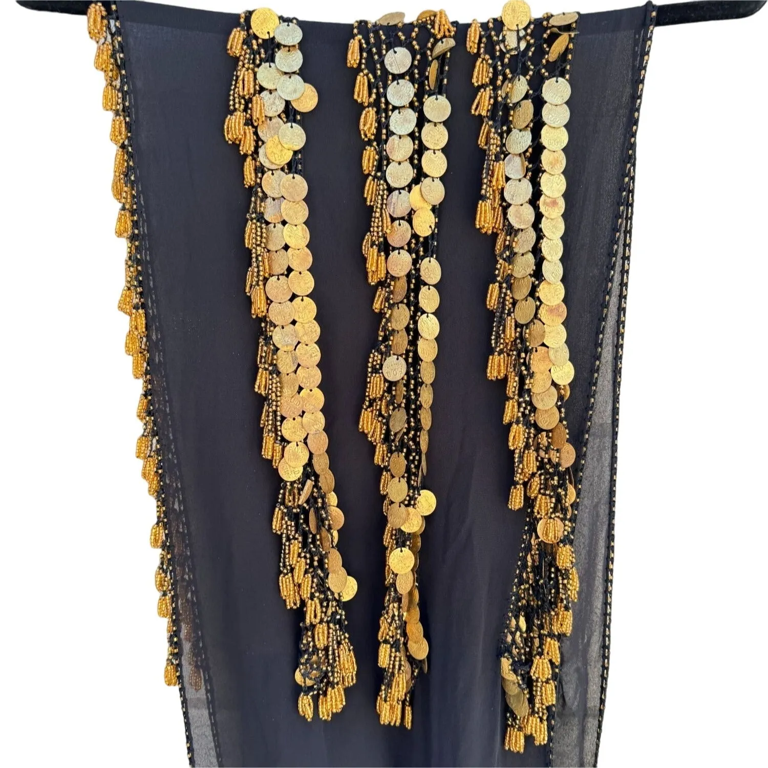 Belly Dancer Vintage Black Gold Chiffon Beaded Tassel Handmade Scarf Wrap Shawl