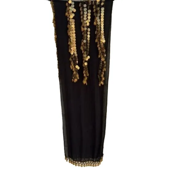 Belly Dancer Vintage Black Gold Chiffon Beaded Tassel Handmade Scarf Wrap Shawl