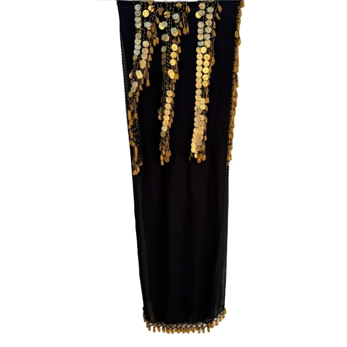 Belly Dancer Vintage Black Gold Chiffon Beaded Tassel Handmade Scarf Wrap Shawl