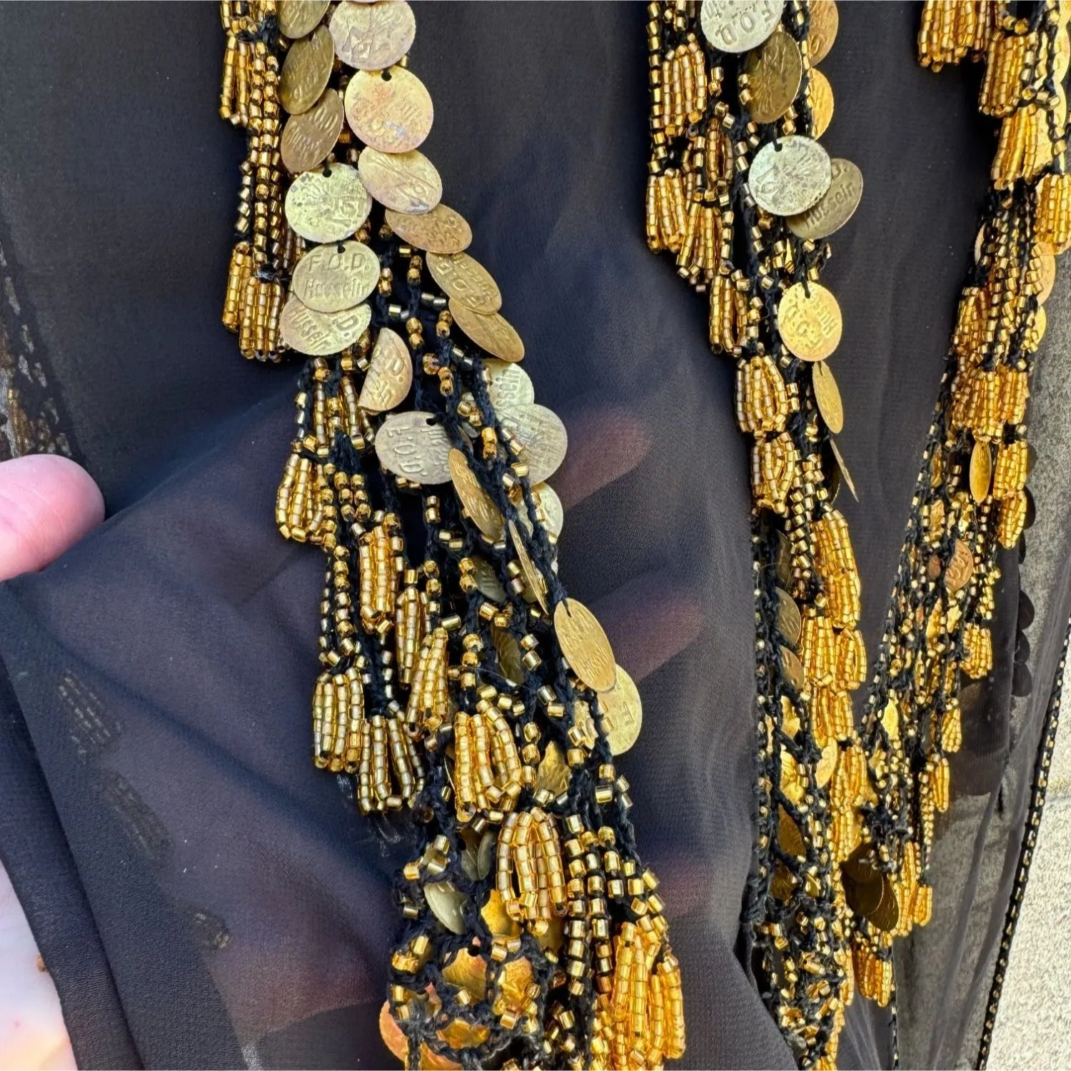 Belly Dancer Vintage Black Gold Chiffon Beaded Tassel Handmade Scarf Wrap Shawl