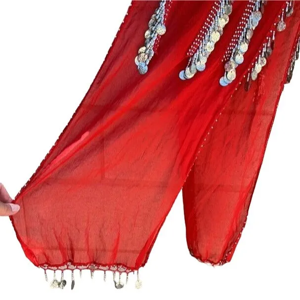 Belly Dancer Vintage Red Gold Chiffon Beaded Tassel Hand Made Scarf Wrap Shawl