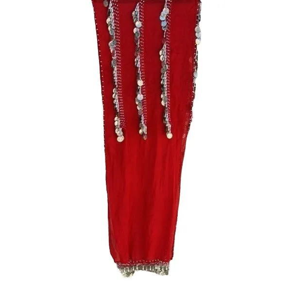 Belly Dancer Vintage Red Gold Chiffon Beaded Tassel Hand Made Scarf Wrap Shawl